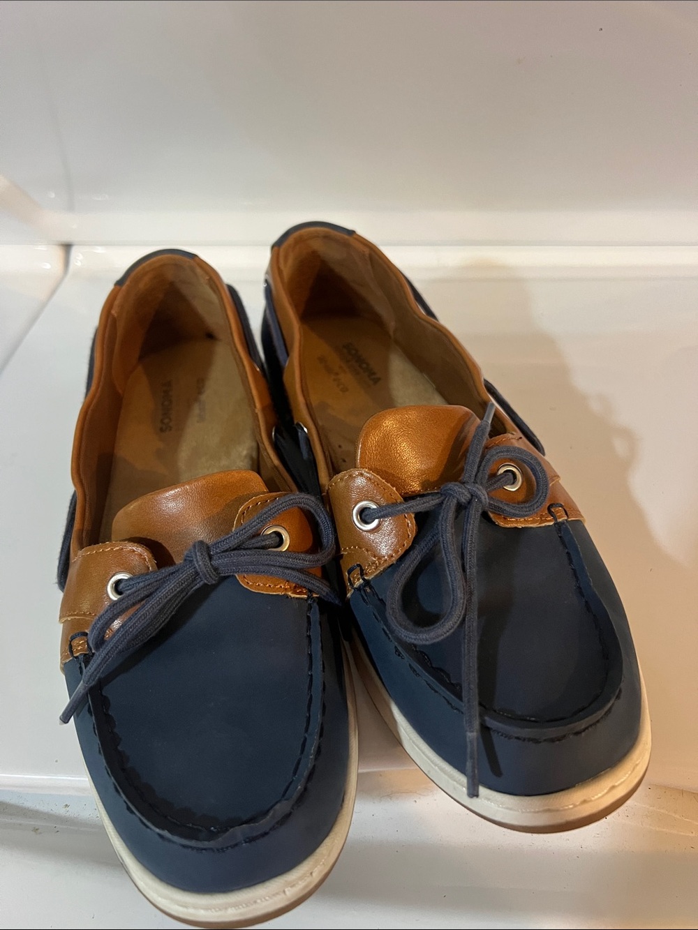 Womens Navy and Tan Leather-Trim Slip-On Boat Shoes by Sonoma Size 6